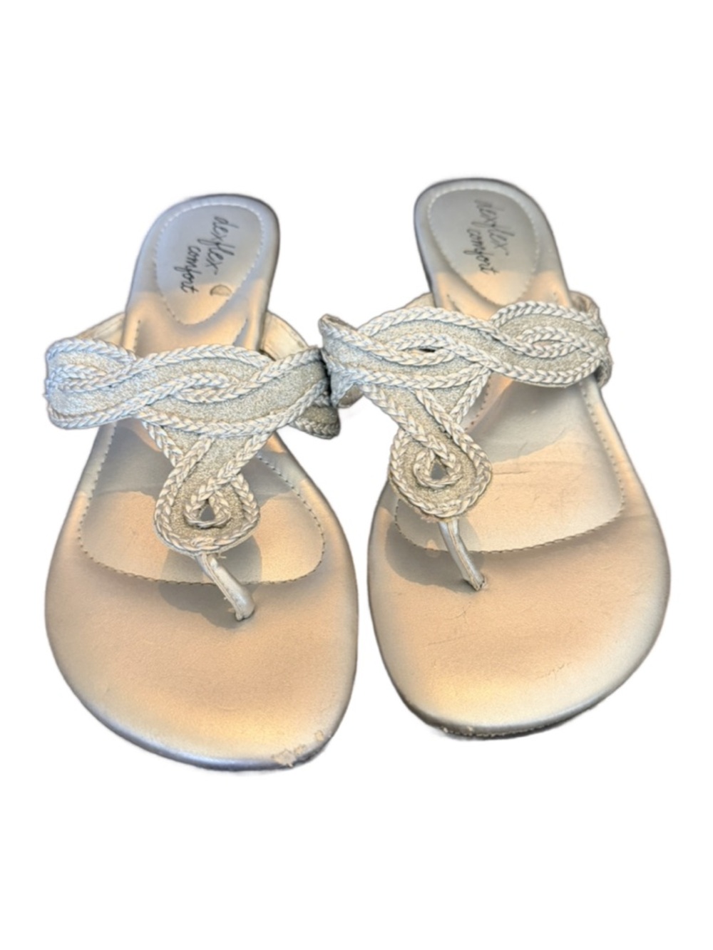 Dexflex Comfort Shoe Silver Braided Thong Sandals